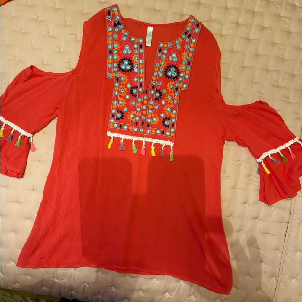 Embroidered Cold Shoulder Red Top